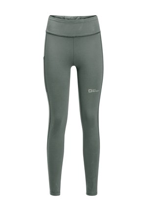 Hochtaillierte Sportleggings in einem gedämpften Grünton, hergestellt aus dehnbarem Stoff, mit einer Seitentasche und Logodetail.