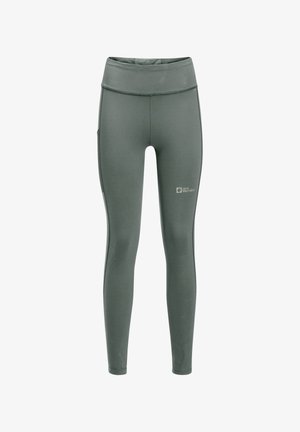 Hochtaillierte Sportleggings in einem gedämpften Grünton, hergestellt aus dehnbarem Stoff, mit einer Seitentasche und Logodetail.
