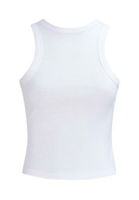 Top tank bianco a costine con scollo rotondo e senza maniche. Tessuto morbido e forma aderente, adatta per essere indossata a strati.