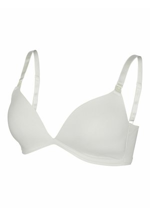 Witte driehoekige bh met dunne verstelbare bandjes, naadloze cups en een gladde textuur; ontworpen voor comfort en dagelijks gebruik.