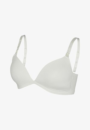 Hvid trekantet bh med tynde justerbare stropper, sømløse skåle og en glat tekstur; designet til komfort og hverdagsbrug.