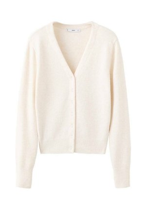 Svetlo kremast pulover z v-izrezom, z dolgimi rokavi, rebrastim spodnjim delom in šestimi gumbi spredaj. Mehka, teksturirana tkanina.