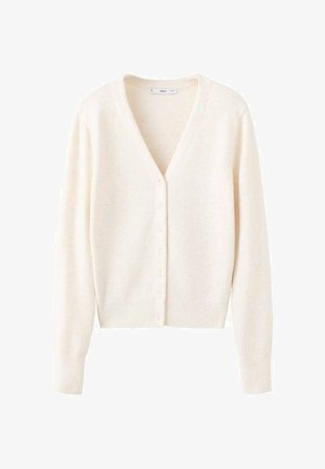 Svetlo kremast pulover z v-izrezom, z dolgimi rokavi, rebrastim spodnjim delom in šestimi gumbi spredaj. Mehka, teksturirana tkanina.