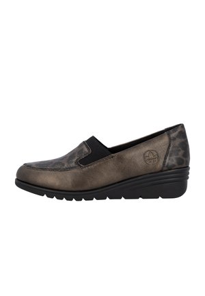 Chaussure en cuir à enfiler avec un motif léopard en bronze métallique et noir, dotée d'un panneau latéral élastique et d'une semelle en coin basse.