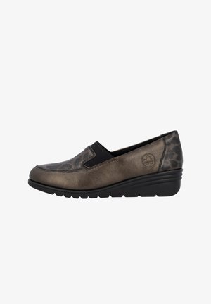 Leder Slipper mit einem Leopardenmuster in metallic Bronze und Schwarz, ausgestattet mit einem elastischen Seitenpaneel und einer niedrigen Keilsohle.