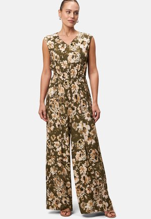 Blumiger Jumpsuit in olivgrün mit V-Ausschnitt, kurzen Ärmeln, elastischem Bund und weitem Bein, verziert mit beigen Blumen und schwarzen Akzenten.