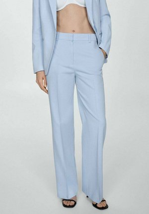 Light blue tailored trousers in a straight-leg cut, featuring a mid-rise waist and side pockets, made from a smooth fabric.