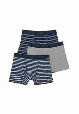 Three folded men's boxer briefs, two navy blue with white stripes and one solid grey, all with black waistbands labeled FATFACE.