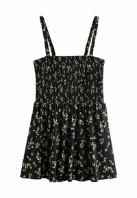 Vestido negro con flores, con corsé fruncido y tirantes finos. Cuenta con una falda fruncida con patrones florales amarillos y verdes sobre un fondo oscuro.