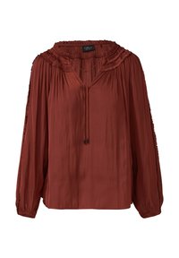 Bordeauxkleurige blouse met een geplooide halslijn en lange mouwen. Zacht, vloeiend materiaal met een V-hals en een koorddetail aan de voorkant.