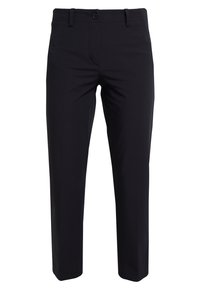 Černé kalhoty s přiléhavým střihem, s knoflíkovým zapínáním, poutky na opasek a dvěma bočními kapsami. Hladká látka s čistým designem.
