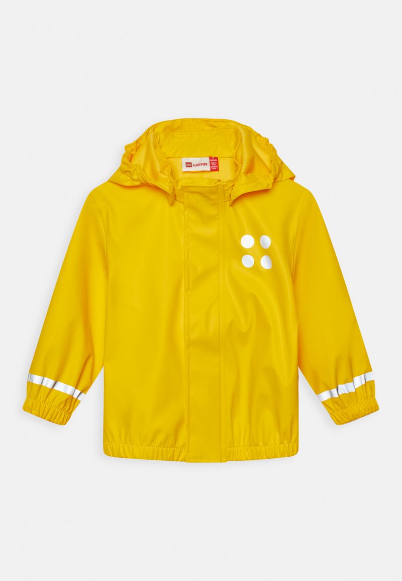 Yellow rain jacket, featuring a hood, elastic cuffs, and white reflective stripes. Smooth, waterproof material with circular accents on the front.