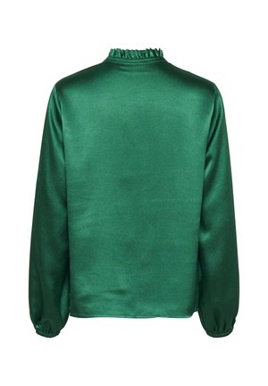 Groene satijnen langemouwen top met een gerimpelde halslijn en elastische manchetten, met een gladde textuur en een effen kleur zonder patronen.