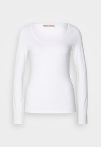 Camiseta de algodón blanca de manga larga con escote redondeado y un diseño ajustado, de textura suave y sin adornos.