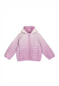 Veste matelassée violet clair avec capuche, poignets élastiques et fermeture éclair à l'avant. Dégradé de couleur du violet clair au violet plus foncé. Texture douce et lisse.