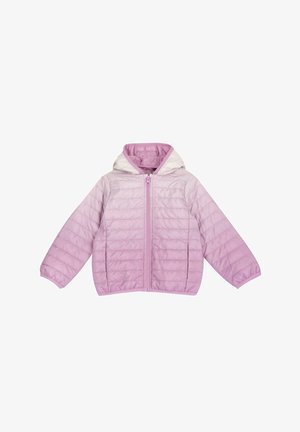 Lyse lilla quiltet jakke med hætte, elastiske manchetter og lynlås foran. Gradient farve fra lys til mørkere lilla. Blød, glat tekstur.