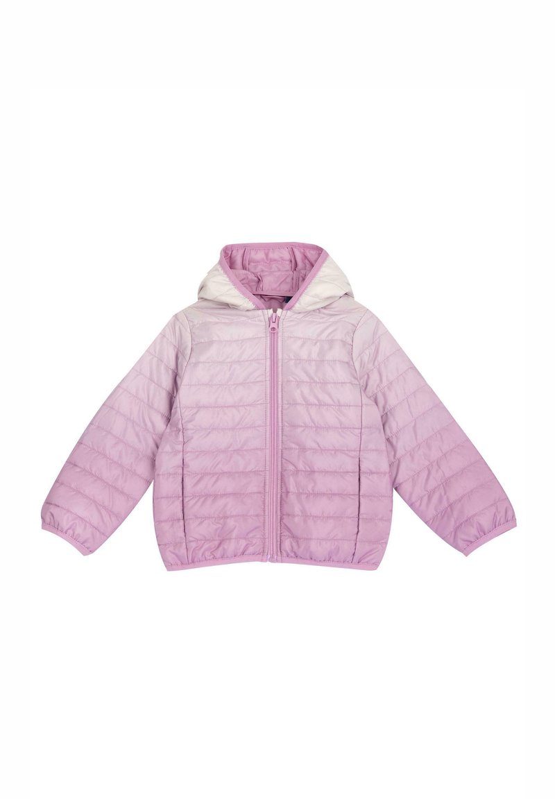 Veste matelassée violet clair avec capuche, poignets élastiques et fermeture éclair à l'avant. Dégradé de couleur du violet clair au violet plus foncé. Texture douce et lisse.