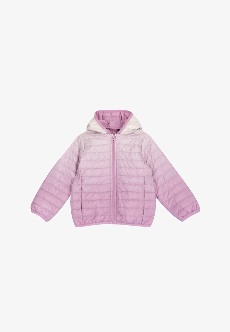 Veste matelassée violet clair avec capuche, poignets élastiques et fermeture éclair à l'avant. Dégradé de couleur du violet clair au violet plus foncé. Texture douce et lisse.