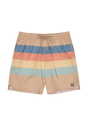 Herren-Badeshorts in Beige mit horizontalen Streifen in Koralle, Blau und Minzgrün. Hergestellt aus leichtem Material mit Kordelzug am Bund.