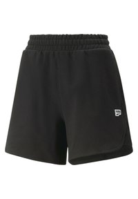Svarte sportsshortser med elastisk midje, sidelommer og en liten hvit Puma-logo på venstre legg. Glatt tekstur.