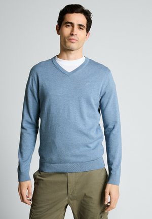 Mann trägt hellblauen V-Ausschnitt-Pullover über weißem Hemd und olivgrünen Hosen, steht vor hellgrauem Hintergrund.