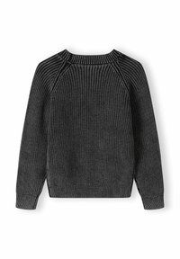 Gray knitted sweater with ribbed texture, long raglan sleeves, and a crew neck. Features a solid color without patterns or accents.