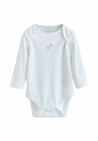 White long-sleeve baby onesie in soft cotton, featuring a small gray duck design on the chest and snap closures at the bottom.