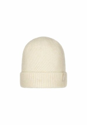 Cream-colored knitted beanie hat with folded brim and subtle ribbed texture on a white background.