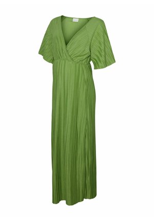 Groene geplooide maxi-jurk met korte fladdermouwen en diepe V-halslijn, aangesloten taille, vloeiende rok, gestructureerde stof.
