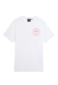 T-shirt bianco in cotone con maniche corte e scollatura rotonda, caratterizzato da una stampa rotonda rossa sul lato sinistro del petto.