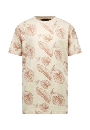 Licht beige T-shirt met een botanische print in roestkleuren, inclusief blad- en plantmotieven, met een ronde hals en korte mouwen.