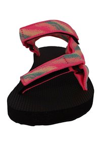 Sandalia con tiras y suela de goma negra. Las tiras son de tela con patrones en rosa, azul y beige, presentando un diseño texturizado para mayor agarre.