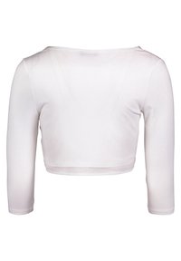 Camisa blanca de manga larga recortada con escote amplio, mostrada desde la parte posterior sobre un fondo blanco liso.