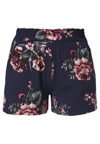 Tummansinisen väriset shortsit, joissa on joustava vyötärö ja suuria vaaleanpunaisia ja punaisia kukkakuoseja vihreiden lehtien kanssa.