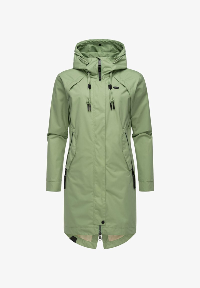 Light green waterproof jacket with a drawstring hood, zip front, and two side pockets. Features a straight cut and contrasting black hardware.