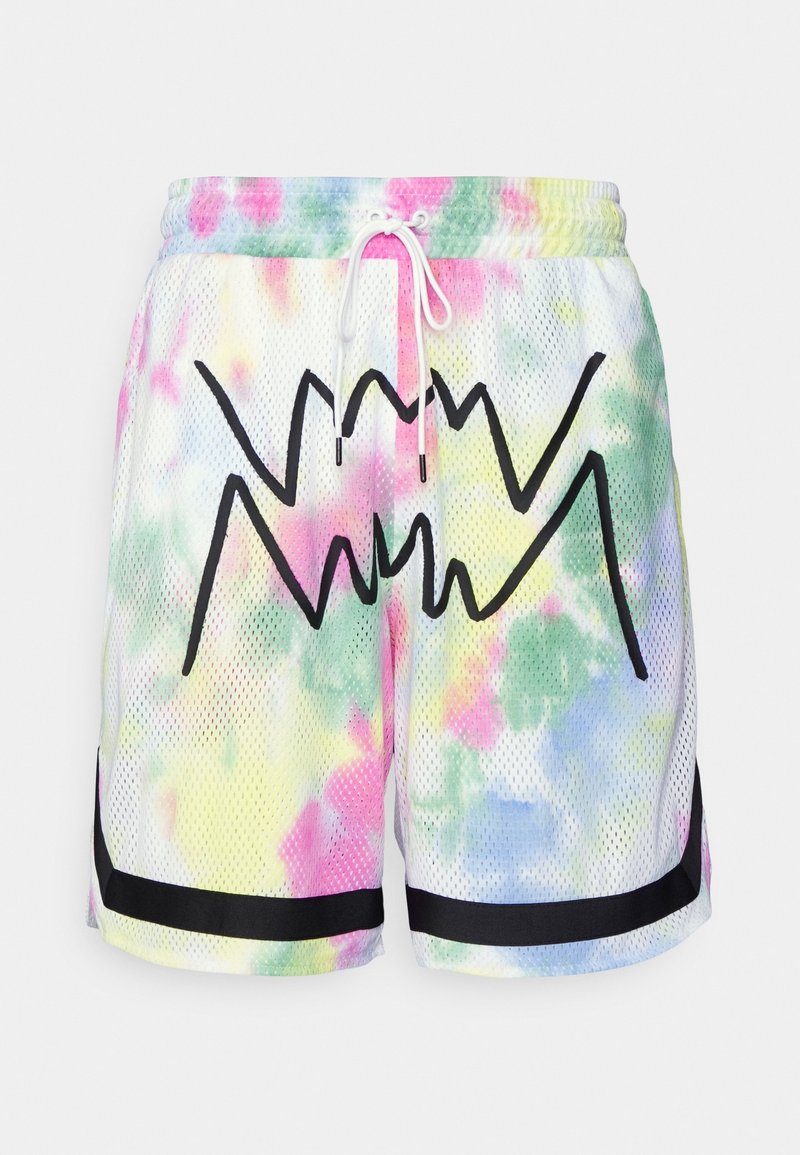 Mesh shorts featuring a multicolor tie-dye pattern, black zigzag design, adjustable drawstring waist, and black trim at the hem.