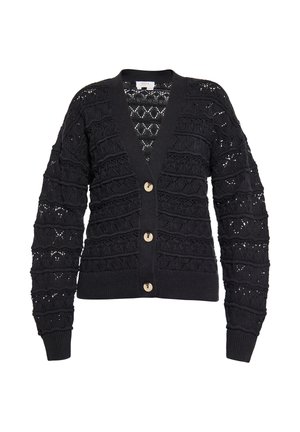 Črna pletena jopica z V-izrezom, ki ima teksturiran vzorec, odprto delo in pet svetlih gumbov spredaj.