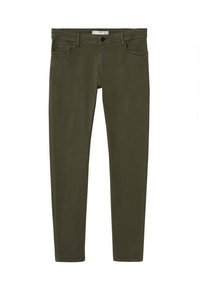 Pantalon droit vert olive avec bouton et fermeture éclair à l'avant, passants de ceinture et poches sur fond blanc.
