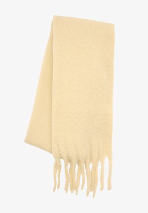 Sciarpa di lana color crema con una texture morbida, caratterizzata da estremità frangiate e design rettangolare.