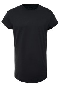Black short-sleeve t-shirt made from cotton, featuring a round neckline and a straight cut with a slightly longer back hem.