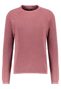 Roter, strukturierter Strickpullover mit langen Ärmeln, rundem Ausschnitt und gerippten Bündchen. Verfügt über ein offenes Strickmuster und eine weiche Stoffoberfläche.
