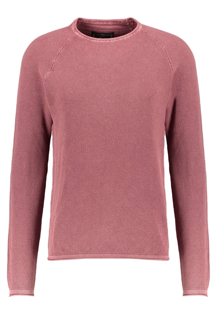 Roter, strukturierter Strickpullover mit langen Ärmeln, rundem Ausschnitt und gerippten Bündchen. Verfügt über ein offenes Strickmuster und eine weiche Stoffoberfläche.