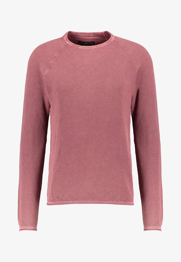 Roter, strukturierter Strickpullover mit langen Ärmeln, rundem Ausschnitt und gerippten Bündchen. Verfügt über ein offenes Strickmuster und eine weiche Stoffoberfläche.