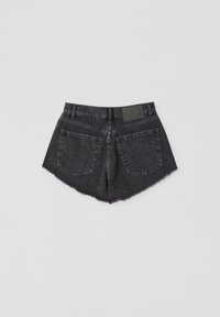Black denim shorts with a frayed hem, high waist, and two back pockets. Features a rectangular label on the waistband.