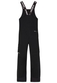 Pantaloni da neve neri con spalline regolabili, tasca frontale, design senza cuciture e bordi inferiori rinforzati per una maggiore durata. Dettagli di branding significativi.