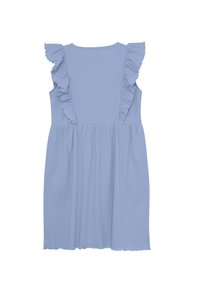 Hellblaues Kleid aus geripptem Stoff, mit Rüschensleeves und einem ausgestellten Rock mit gewelltem Saum. Einfacher runder Ausschnitt hinten.