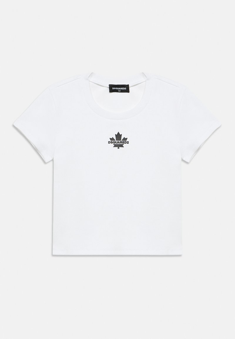 T-shirt blanc court à manches courtes avec feuille d'érable noire et logo "DSQUARED2" centré sur la poitrine.