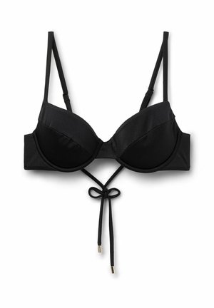 Black underwire bra with molded cups, adjustable straps, and a decorative tie feature at the center front. Smooth, matte fabric texture.