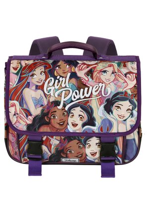 Mochila con un asa y correas moradas, que presenta diseños de personajes de dibujos animados coloridos y el texto "Girl Power" en la solapa frontal.