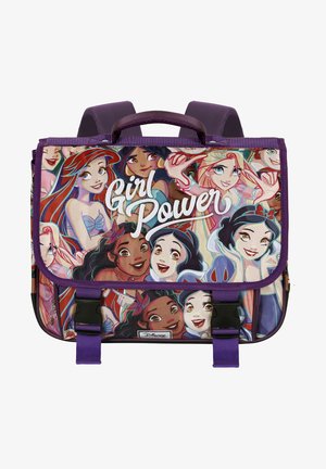 Mochila con un asa y correas moradas, que presenta diseños de personajes de dibujos animados coloridos y el texto "Girl Power" en la solapa frontal.